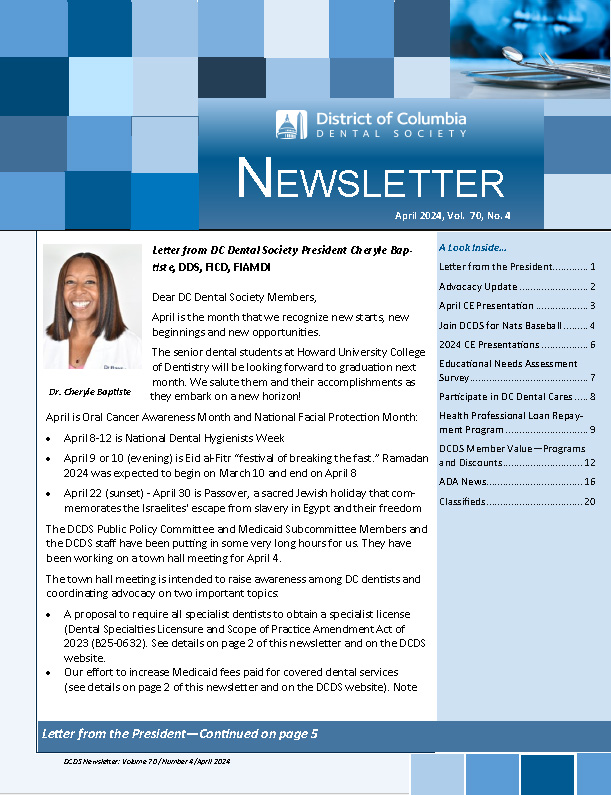 District of Coulumbia Dental Association News Letter cover image April